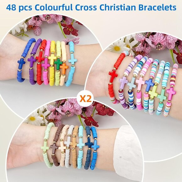 Christian Bracelets Pack 48pcs Colorful Polymer Clay Beaded Jewelry Gift - Picture 3 of 7